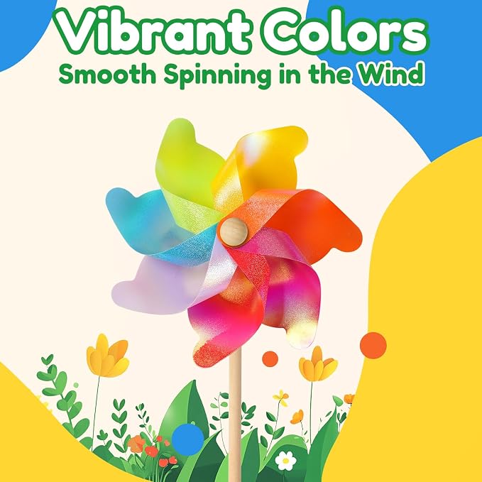 IilLittle 10 Pack Rainbow Pinwheel, Pinwheels for Kids | Assembly Instructions Included, Easy Assembly, Wooden Pole, PP Plastic, Waterproof, Sturdy