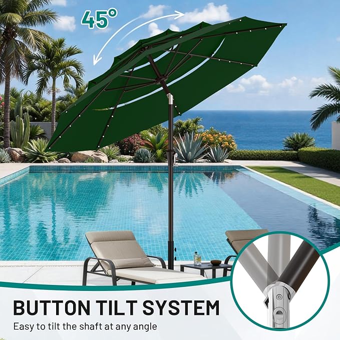 AreShark 9ft 3 Tiers Patio Umbrella with Solar Lights, Outdoor Umbrella w/ 32 LED Lights&8 Sturdy Ribs, Table Umbrella for Deck, Backyard, Pool (Dark Green)
