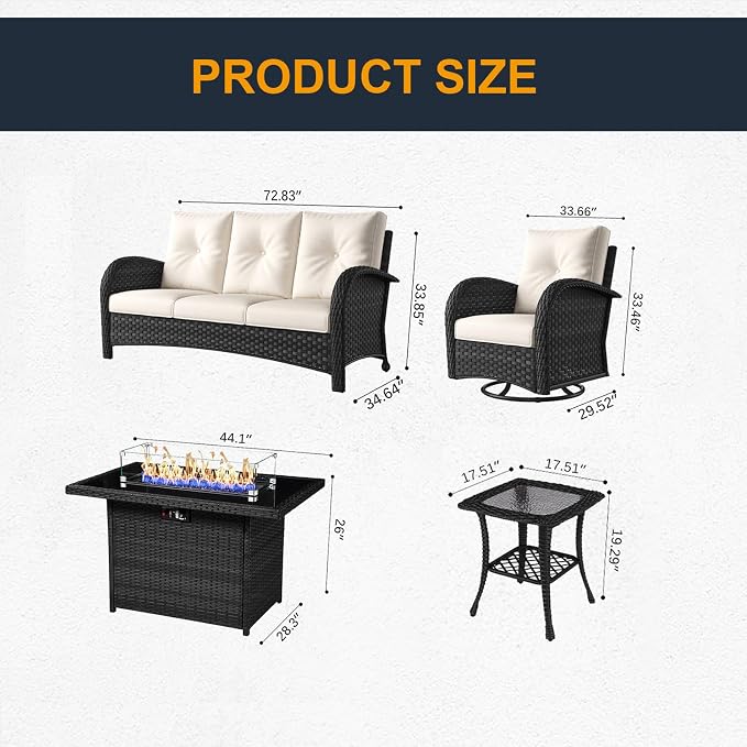 5 Pieces Outdoor Wicker Patio Swivel Rocking Chairs, All Weather Wicker Conversation Set with 44" Fire Pit Table