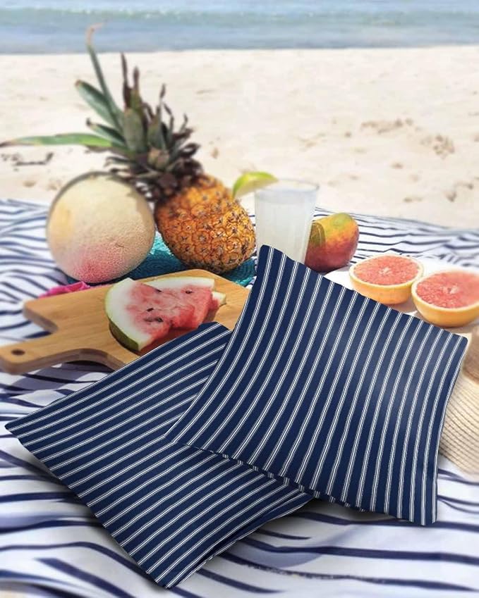 Outdoor Waterproof Throw Pillow Covers 24x24in, Nautical Stripes Cushions for Garden Patio Furniture Chairs Set of 2, Navy Blue Home Decor Couch Sofa Polyester Pillow Cases