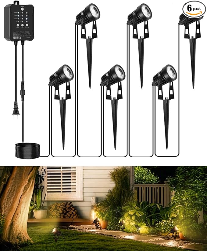 All-in-One Low Voltage Landscape Lighting, Dusk to Dawn Transformer Timer, Waterproof Spotlights, Dimmable LED Outdoor Landscaping Lights Kit for Yard Backyard Tree House 24V (6 pack warm white)