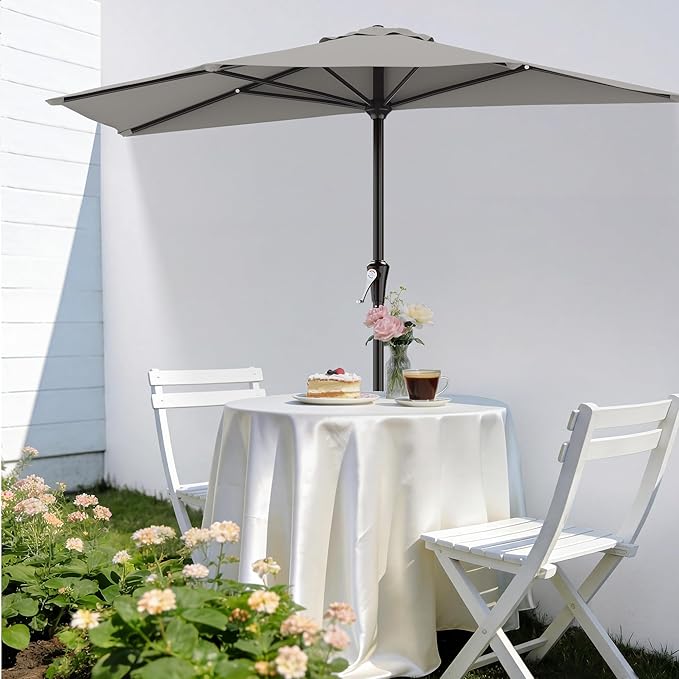 AreShark 9FT Half Patio Umbrella, Outdoor Wall Umbrella with Crank & 5 Sturdy Ribs, Table 1/2 Umbrella Patio for Garden, Deck, Balcony and Pool, Foggy Gray