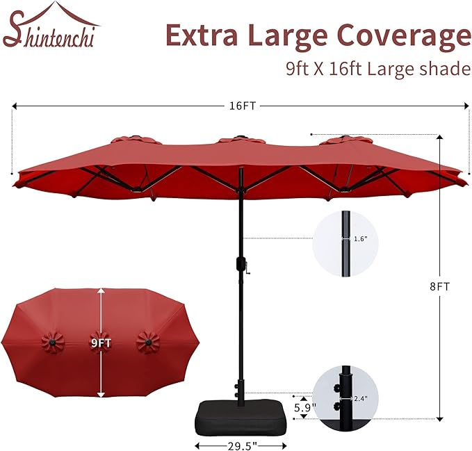 Shintenchi 16FT Large Patio Umbrella with Base Included, Outdoor Double-Sided Rectangular Shade with Crank Handle for Poolside Lawn, Deck & Garden, Red