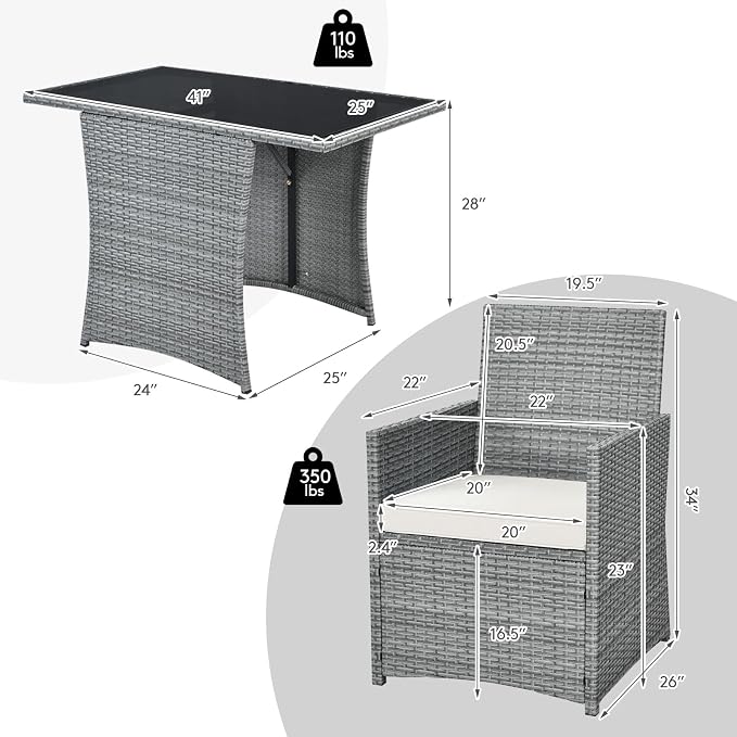 RELAX4LIFE 3-Piece Outdoor Furniture Set - All-Weather Wicker Rattan Patio Dining Set w/Tempered Glass Coffee Table & Cushions, Modern Bistro Conversation Set for Yard Balcony (White)
