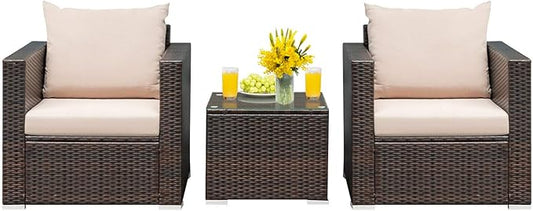 HAPPYGRILL 3PCS Patio Furniture Set with Coffee Table Outdoor Rattan Wicker Conversation Sofa Set with Washable Cushions for Garden Poolside