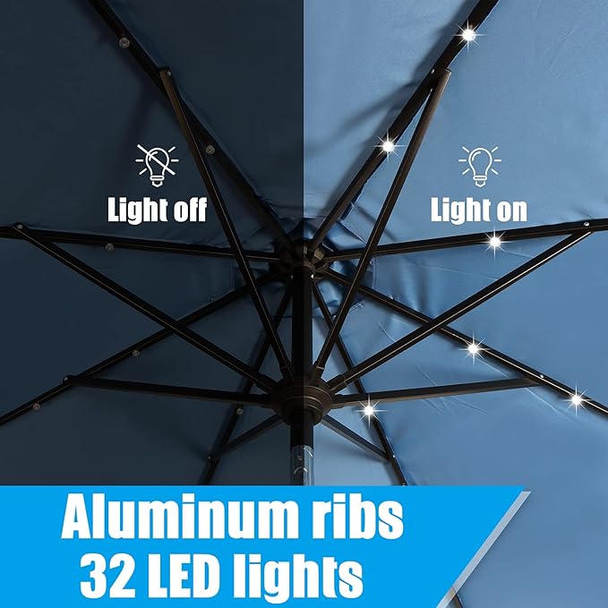 HERMOCE 9FT Solar Umbrella 32 LED Patio Umbrellas with Tilt and Crank,Table Market Outdoor Umbrella for Garden,8 Ribs