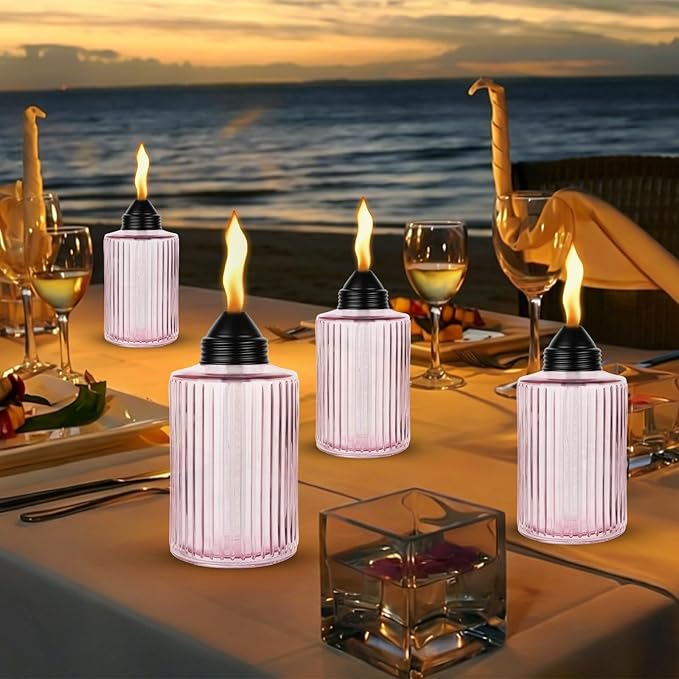 Glass Table Top Torches for Outside,4 Pack Citronella Tabletop Torch with Wick & Cap, 12oz Refillable Outdoor Torch Canisters Lanterns Torches for Luau Party, DIY Garden Decor (Pink)