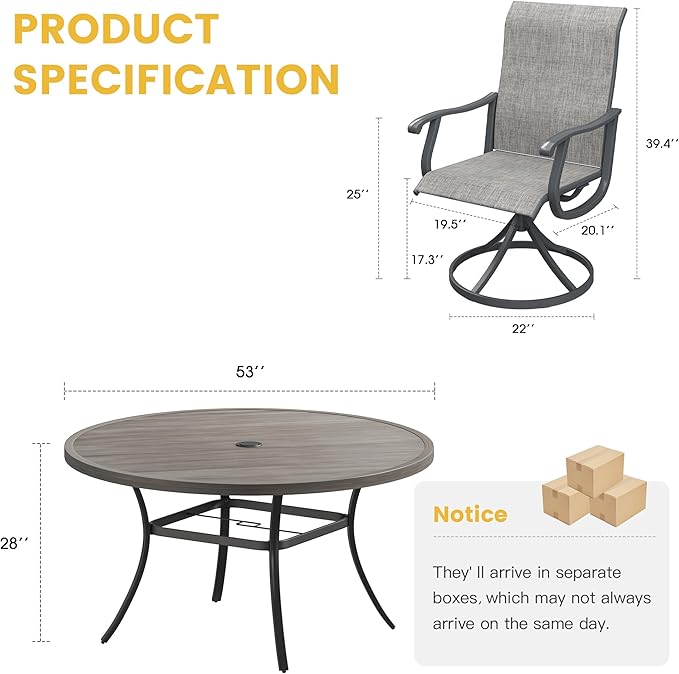 VICLLAX Patio Dining Set for 6, 7 Pieces Outdoor Furniture Includes 53" Round Patio Table with Umbrella Hole and 6 Outdoor Swivel Chairs for Lawn Garden, Grey Wood Grain Tabletop and Grey Fabric