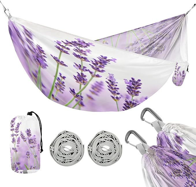 Lavender Flowers Camping Hammock, Portable Lightweight Single Hammock with Tree Straps and Aluminum Carabiners, 114" x 54" Travel Hammock for Hiking Backpacking Beach