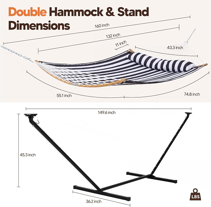 SUNCREAT Double Outdoor Hammock with 12 ft Stand, Patio Standing Hammock with Stand, Black & White