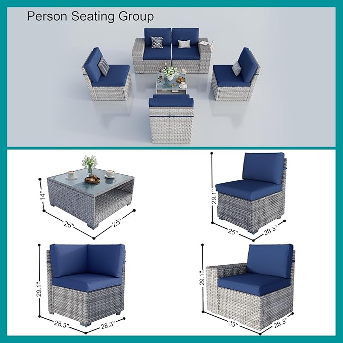 6-Piece Patio Furniture Set, Outdoor Extra Wide Armrest Modular Patio Sofa, Dual-Strand Rattan Wicker, Rust-Resistant Frame, Backyard High Back, Large Seat Furniture for Porch Garden Balcony, Blue