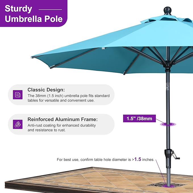 PURPLE LEAF 9' Round Patio Umbrella Outdoor Table Umbrella Aluminum Frame Market Umbrella Sun Umbrella with 8 Sturdy Ribs Tilt for Garden Deck Lawn Pool Turquoise Blue