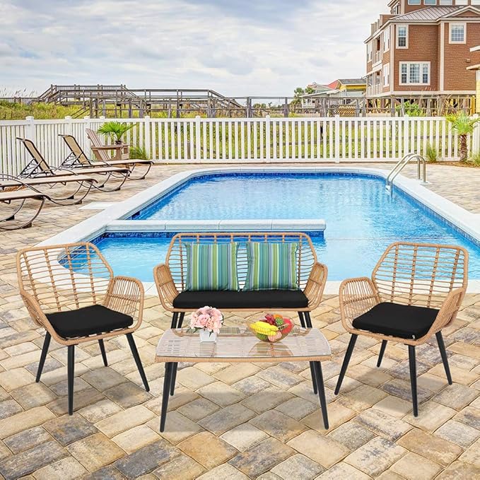 VINGLI 4 Pieces Outdoor Furniture Set Wicker, Rattan Patio Conversation Set with Cushions and Glass Coffee Table, Outdoor Sectional Sofa Set for Garden, Backyard, Poolside
