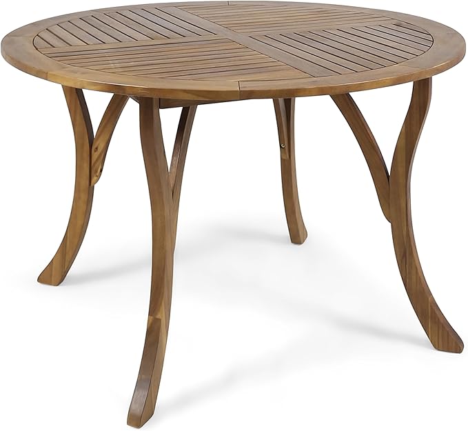Christopher Knight Home Verle Wooden Patio Dining Set for 4, Acacia Wood Outdoor Dining Table Set for 4, 5 Piece Outdoor Dining Set with Round Table and Armchair with Seat Cushion, Teak+Beige