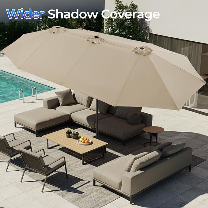 SUPERJARE 13FT Outdoor Patio Umbrella with Base Included, Double Sided Pool Umbrellas with Fade Resistant Canopy, Large Table Umbrella for Deck, Market, Backyard - Warm Beige