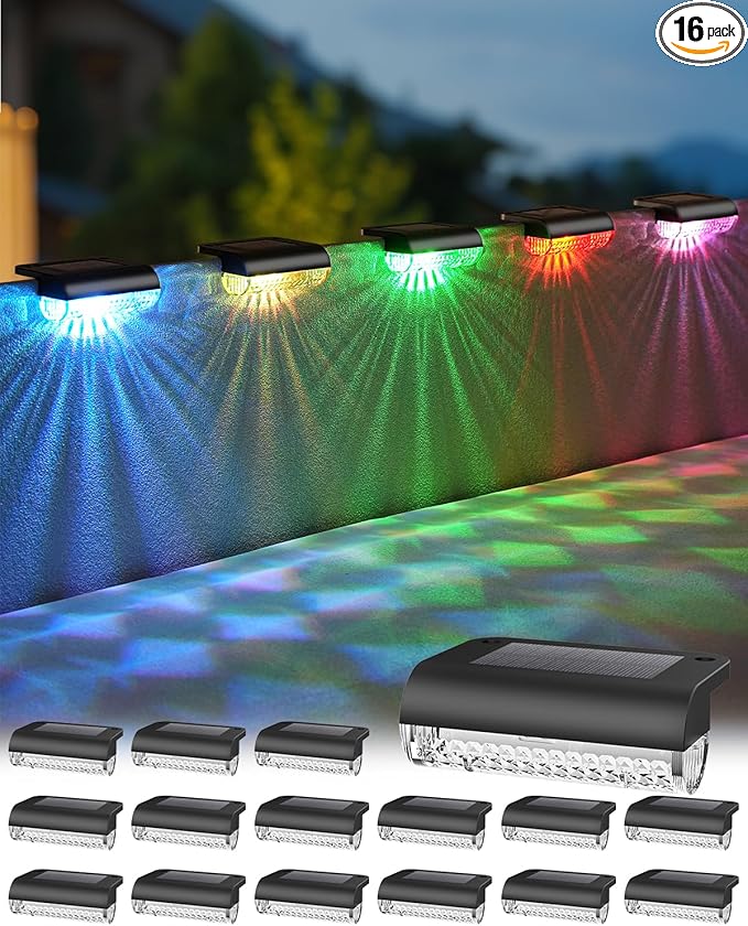 Herzila 16 Pack Solar Deck Step Lights Outdoor,Color Changing Solar Fence Lights Led Auto Dusk-to-Dawn, Waterproof Color Changing for Step, Fence, Railing Patio, Balcony