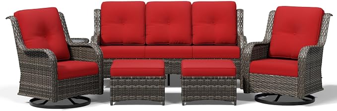 Joyside 6 Piece Wicker Patio Furniture Set, Outdoor Swivel Rocker Patio Chairs with High Back, Deep Seating, Wide Armrest, Thickened Cushions, Outdoor Furniture for Deck, Porch Use
