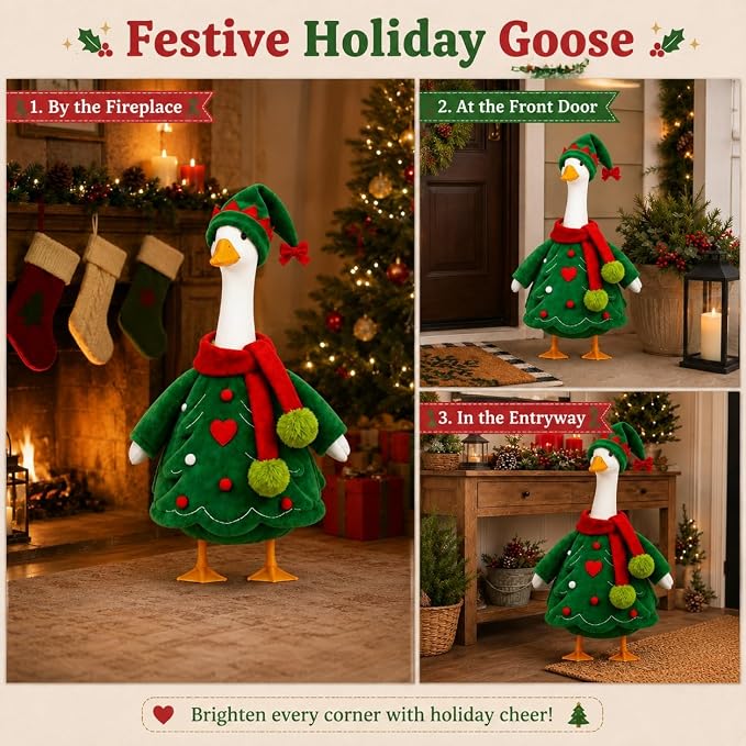 STONESTAR Christmas Porch Goose Outfits for 23" Goose Statue, Xmas Tree Goose Plush Clothes with Elf Hat & Pom Pom Scarf, Festive Outdoor Yard Garden Christmas Santa Holiday Decor