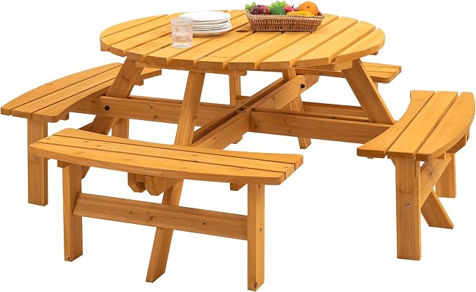 8-Person Outdoor Round Wooden Picnic Table with 4 Built-in Benches, Outdoor Dining Set with Umbrella Holes, 2220 lb. Weight Capacity for Garden, Lawn, Patio (Natural,70.07"*70.07"*27.55")