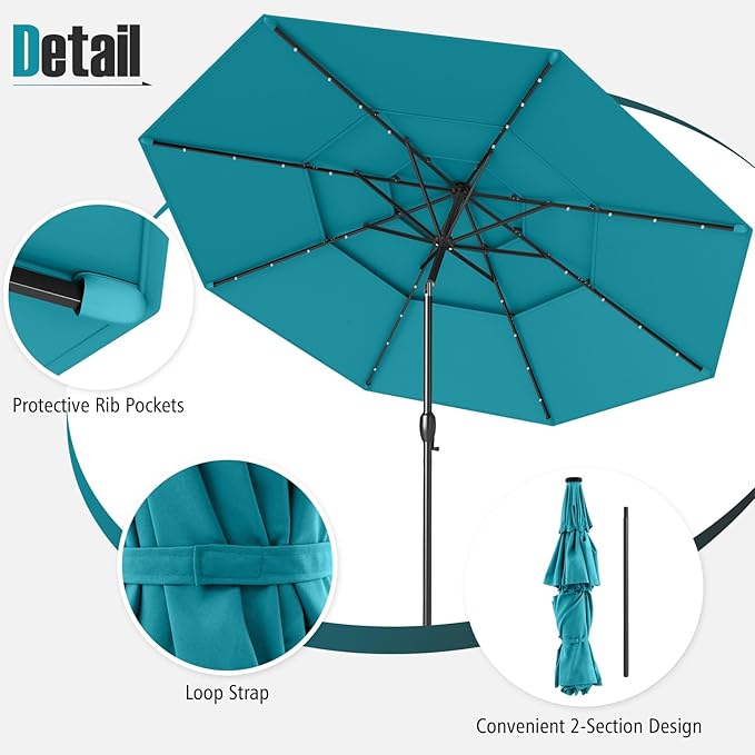 Tangkula 10 FT Solar LED Patio Umbrella, 3-Tier Vented Outdoor Market Table Umbrella with 32 LED Lights, Tilt Adjustment, Crank Handle, 8 Ribs for Backyard Pool Deck (Turquoise)