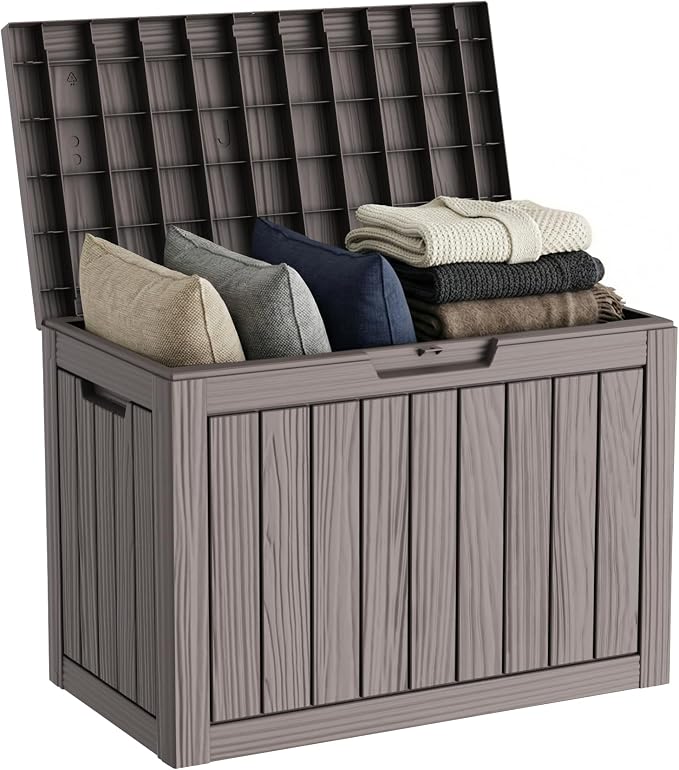 PatioZen 50 Gallon Deck Box Outdoor, Weatherproof Resin Patio Storage Box, Waterproof Outdoor Storage Boxes with Lid Lockable for Cushions, Garden Tools,Grey