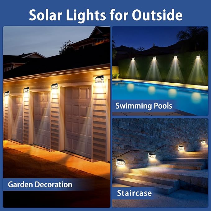 Qualdout Solar Outdoor Lights 8 Pack, Solar Fence Deck Lights, Waterproof Powered Outside Lighting for Step Railing Wall Pool Stair Yard Garden Patio Decorations
