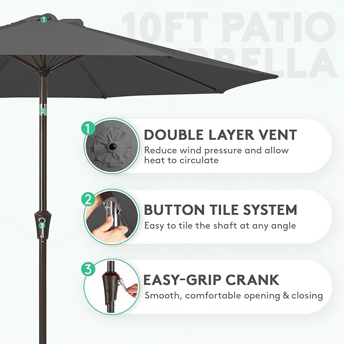 JEAREY 10FT Outdoor Patio Umbrella Outdoor Table Umbrella with Push Button Tilt and Crank, Market Umbrella 8 Sturdy Ribs UV Protection Waterproof for Pool, Garden (Gray)