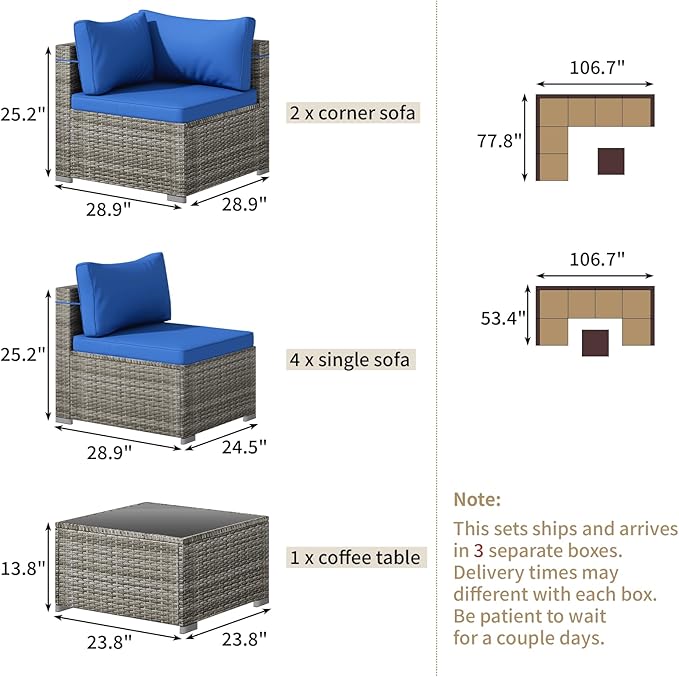 7 Piece Patio Furniture Set, Outdoor Wicker Patio Sofa Set, PE Rattan Sectional Couch with Glass Table and Blue Cushions, All-Weather 7 Piece Outdoor Patio Furniture Sets, Grey