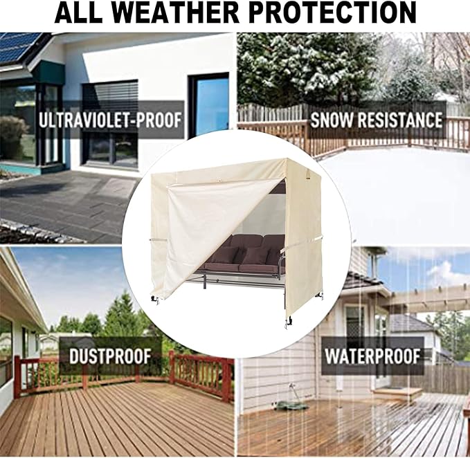 Outdoor Swing Cover 3 Triple Seater Hammock Cover Garden Swing Cover Garden Hammock Glider Chair Cover Patio Furniture Cover UV Resistant Swing Canopy Cover All Weather Protection Beige