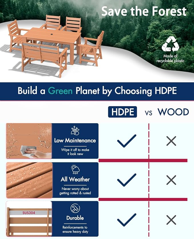 BRIOPAWS Outdoor-Dining-Table-Set | 6 Piece | HDPE | 1 Bench and 4 Chairs Sets for 6 | Patio Dinner Furniture | All Weather | Umbrella Hole | for Poolside Deck Backyard Outdoors | Teak