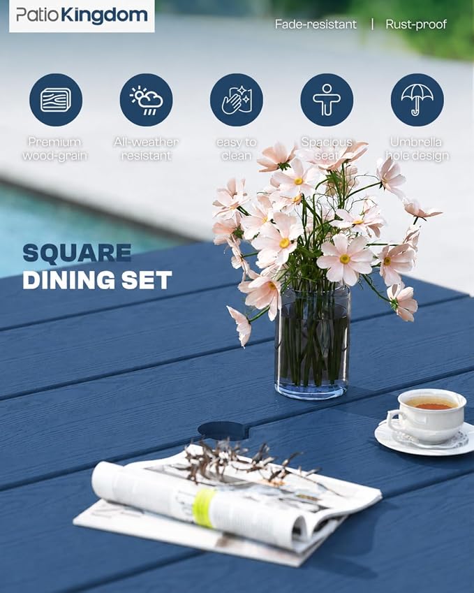 HDPE Outdoor Dining Set for 4, Armchairs, Navy | All-Weather HDPE, Wood Grain Finish, 42.5" Square Table, Built-In Umbrella Hole, Seats 4, Patio & Poolside Ready