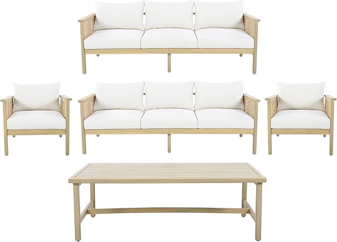 Christopher Knight Home Teras 8-Seater Patio Furniture Set with Removable Cushion, 5 Piece Outdoor Acacia Wood Conversation Set, Sold Wood Outdoor Sectional Sofa Set with Coffee Table,Light Teak+Cream