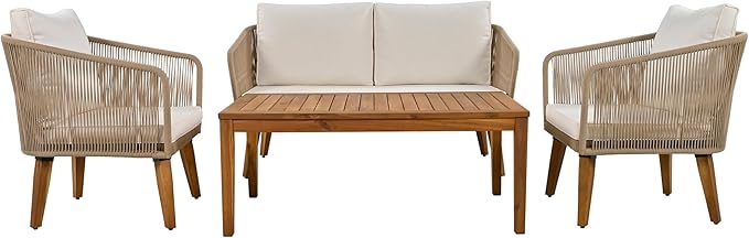 TREXM 4-Piece Patio Conversation Set, Solid Wood Loveseat, 2 Chairs and Table, Outdoor Conversation Group with Cushions for Backyard, Poolside, Garden (Beige Cushion + Natural Rope)