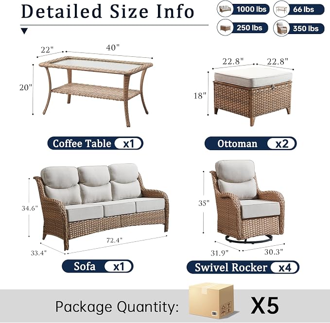 Luxury High Back Outdoor Furniture with 6-Inch Thick Cushions, Patio Furniture Set with Swivel Chairs, 6 PCS Wicker Conversation Set for Porch, Balcony, Deck and Yard