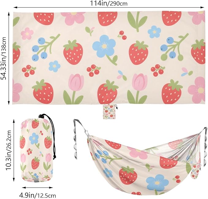 Lovely Red Strawberry Flowers 330lb Capacity Hammocks with Portabl Carry Bag Indoor Hammock for Camping & Hiking Essential hamaca para adultos