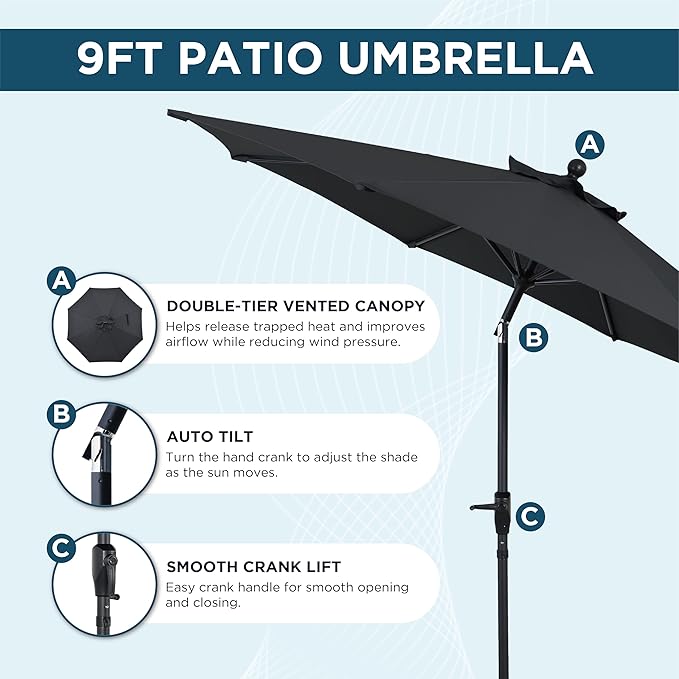 9FT Outdoor Patio Umbrella with Crank Lift & Auto Tilt - Market Umbrella, 8 Heavy-Duty Ribs, UV Resistant & Water-Repellent for Garden, Deck, Poolside & Backyard