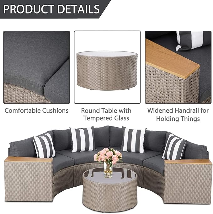 Incbruce Outdoor Half Moon Patio Furniture 5-Piece Curved Outdoor Sofa, All-Weather Outdoor Sectional Furniture Patio Conversation Sets with Round Tempered Glass Top Table (Grey Cushions)