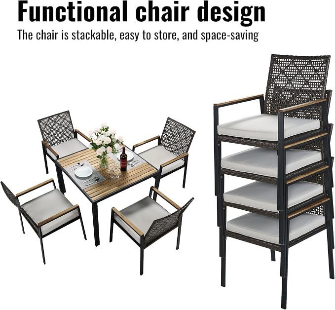 5-Piece Outdoor Patio Furniture Dining Set, All-Weather Rattan Conversation Set with Umbrella Hole, Weather Resistant Table and Chairs for Garden/Backyard Deck (Dark Brown)