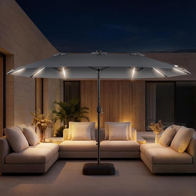 HOMSHADE 15FT Double Sided Umbrella with Light Bar and Base, Rectangle Oversized Patio Umbrellas, Extra Large Outdoor Table Umbrella for Pool, Patio, Garden (Dark Gray)