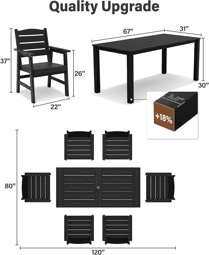 YEFU Patio Dining Sets HIPS: 7-Piece All-Weather Outdoor Table and Chairs with Umbrella Hole - Easy Assembly Patio Dining Set for 6 Modern Outside Furniture for Homeowners with Deck/Pool Black