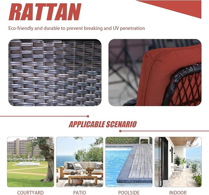 3 Piece Outdoor Swivel Rocker Patio Chairs, All-Weather Rattan Chair, Wicker Glider Patio Furniture Set with Side Table, for Garden, Backyard, Deck, Red