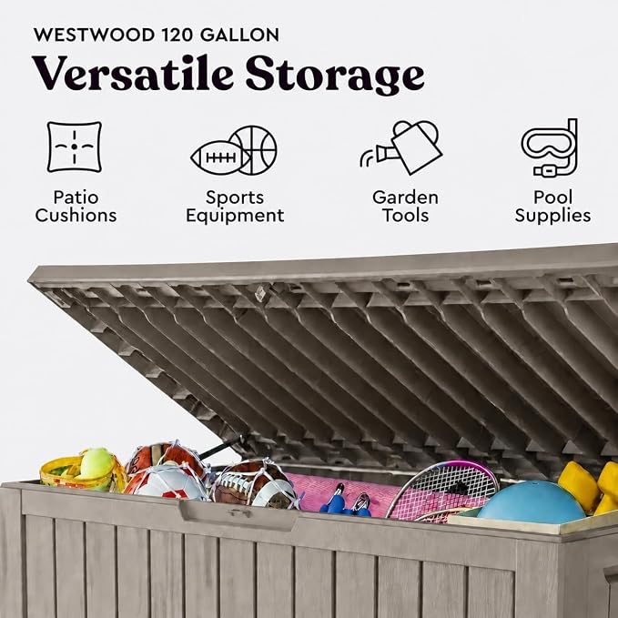 LAUSAINT HOME 120 Gallon Outdoor Deck Box, Waterproof Resin Storage Box with Lock, Patio Cushion Storage, Garden Tool Organizer, Pool Storage Container, Outdoor Storage Bench, Light Brown