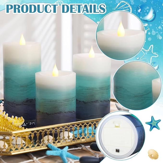 Baquler 3 Pcs Blue Teal Coastal Beach Pillar Candles Flameless LED Ocean Gradient Candles Battery Operated Decorative Flickering Candlestick for Wedding Home Seaside Nautical Party Decor