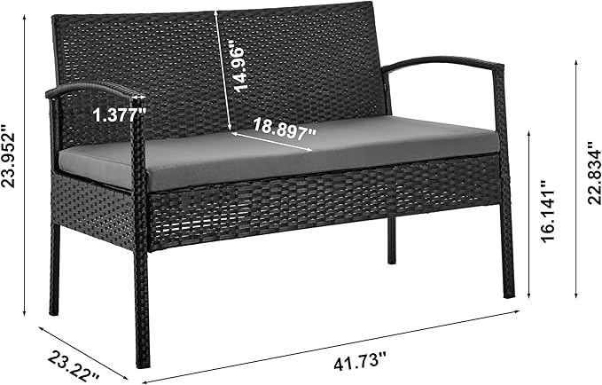 Manhattan Comfort Noli 4-Piece Patio Conversation Set, Outdoor Furniture Made of Steel Rattan | Includes 2 Modern Armchairs, Loveseat, Tempered Glass Coffee Table, Removable Waterproof Cushions, Grey