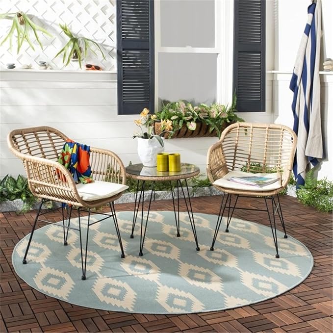 SAFAVIEH Outdoor Collection Alton Light Brown Rattan/White Seat Cushion 3-Piece Patio Lounge Bistro Set with Table (PAT9004A)