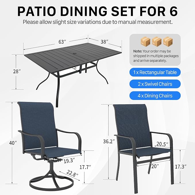 Anmutig 7 Pieces Outdoor Patio Dining Set, 63" Large Rectangle Table with Textilene Swivel Chairs & Fixed Chairs, Outdoor Furniture Set for Backyard, Deck, Porch