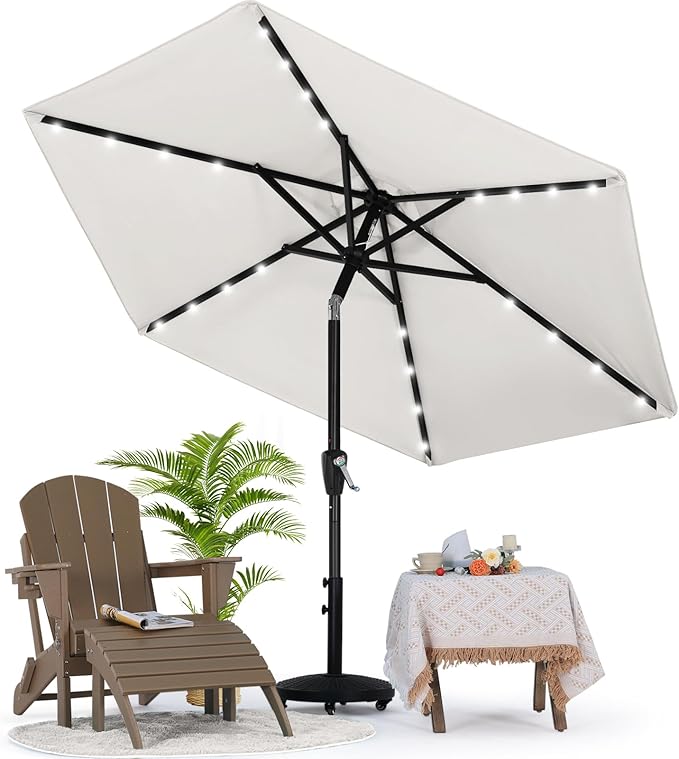 MASTERCANOPY 7.5FT 6Ribs Patio Umbrella with 32 Solar LED Lights, Outdoor Market Umbrella with Tilt & Crank, UV Protection & Fade Resistant Fabric, Easy Set-Up for Garden, Deck, Pool (Light Beige)