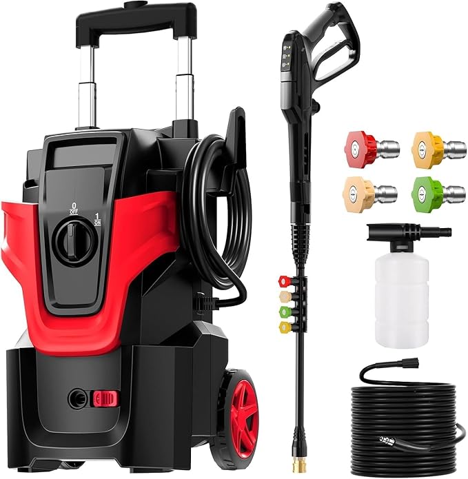 5000PSI Electric Pressure Washer, 4.0GPM Heavy Duty Power Washer, 3-Speed Adjustable Power Cleaner with 2-Stage Pull Rod, 4 Nozzles and 500ml Soap Bottle,for Car/Home/Fences, Red