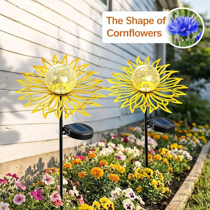 Solar Garden Lights Outdoor Decor, Metal Flower Stake Light with Warm White Crackle Glass Globe, Waterproof Decorative Solar Yard Art for Patio Lawn Backyard Pathway, Gardening Gift（Gold）