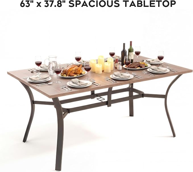 63" x 37.8" Patio Outdoor Dining Table, Wood-Grain Metal Table with Umbrella Hole, All-Weather Dining Table for Party, Lawn & Garden